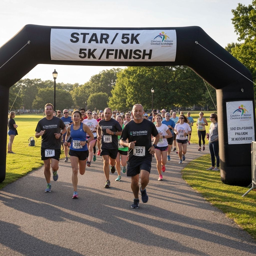 Charity 5K run event with vinyl start finish banner and custom t-shirts - Event printing Cypress TX