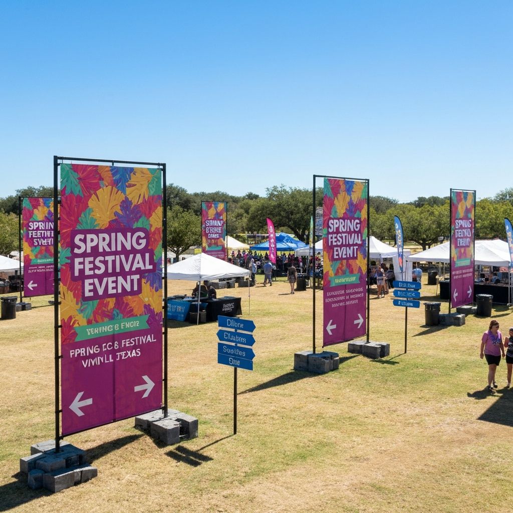 Colorful outdoor festival vinyl banners and directional signage - Custom banner printing in Cypress TX