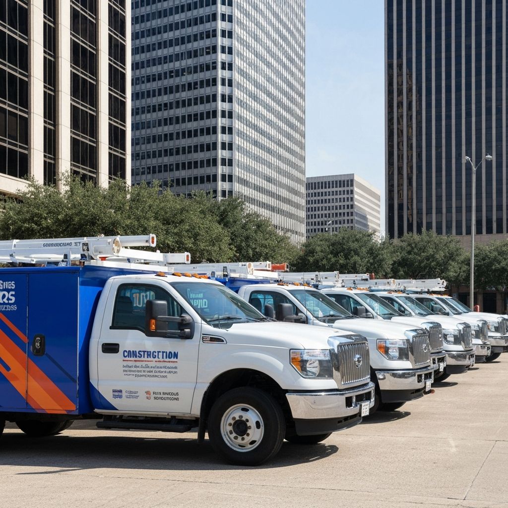 Fleet of construction work trucks with custom blue and orange vinyl graphics - Vehicle wrap project by Bayou Banners & Prints in Houston TX